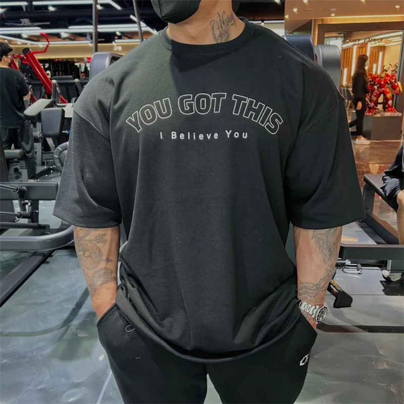 Loose Style Korea Brand 2023 T shirt Summer Mens Gym Bodybuilding Fitness Casual T-shirt Male Streetwear Hip-Hop Tshirt Big Size