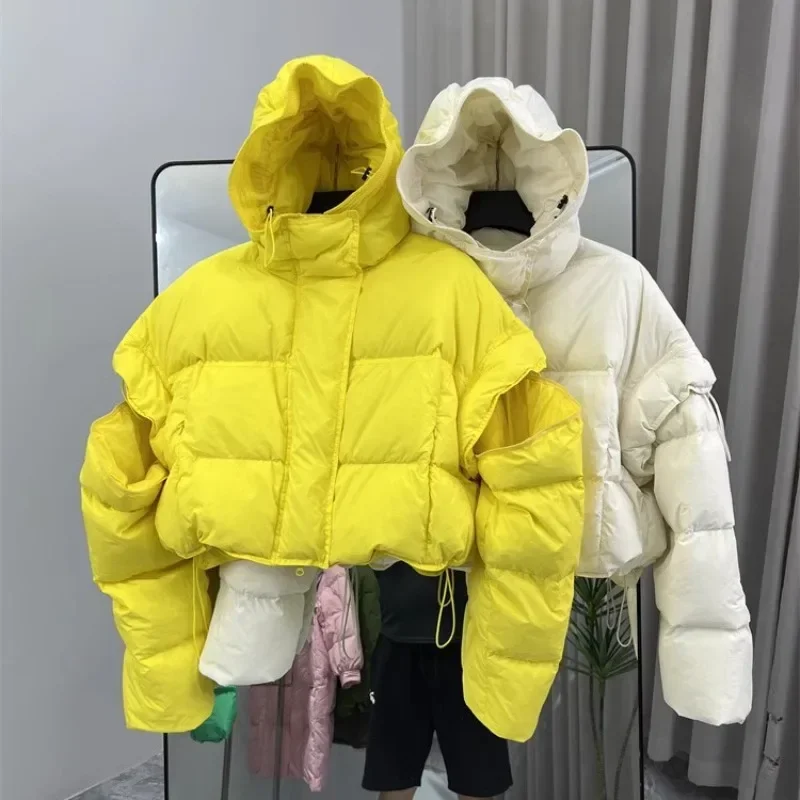 2024 Winter White Duck Down Coat Women Short Hooded Removable Sleeve Loose Fashion Puffer Jacket Thick Warm Windproof Outwear