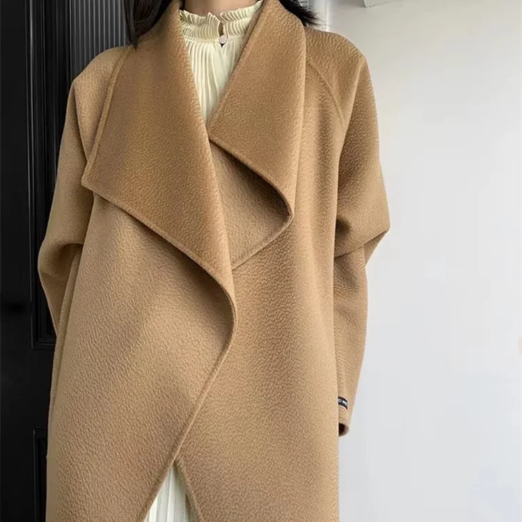 Autumn and winter new water ripple double-sided wool coat for women, all wool large collar classic style