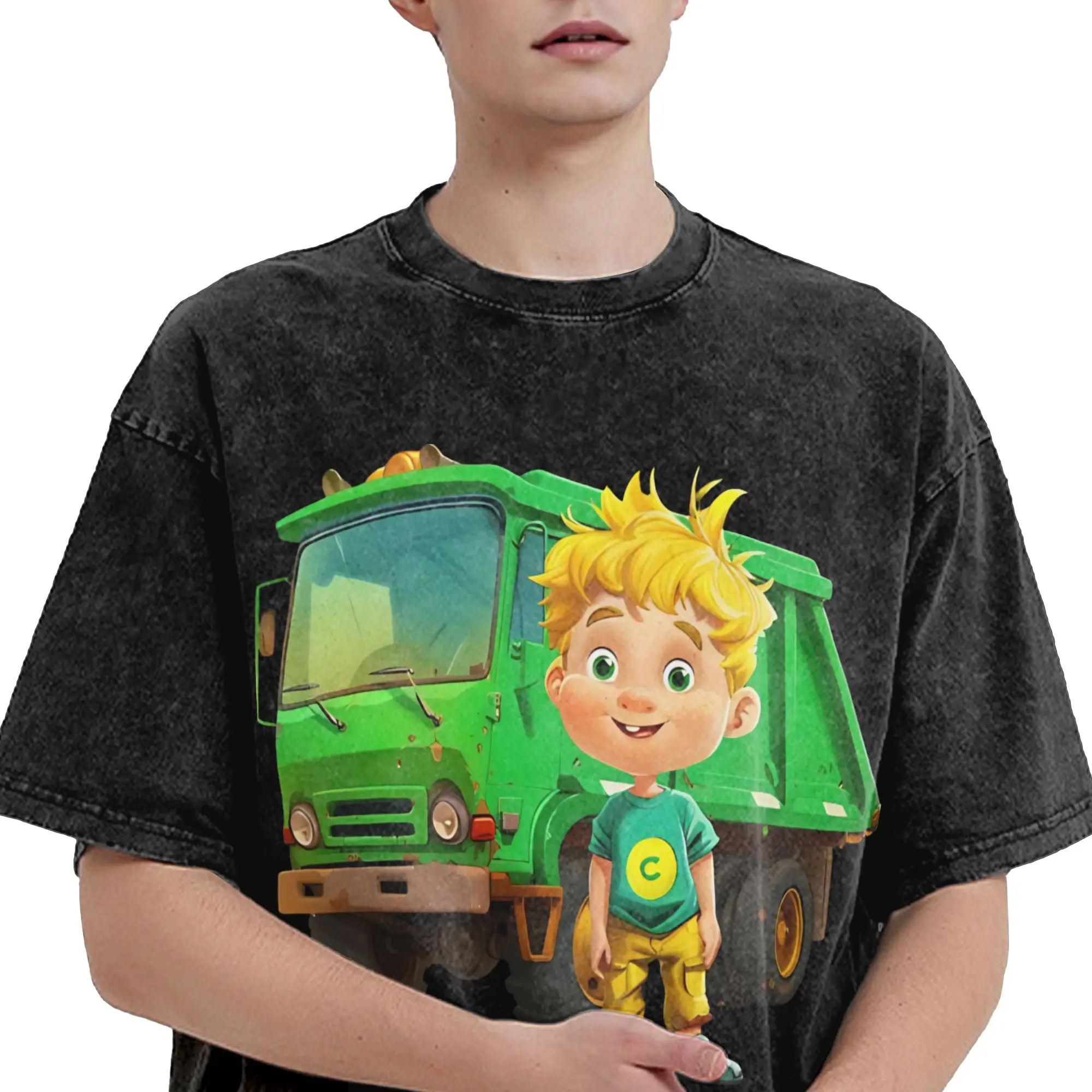 Trash Truck anime T Shirts Hip Hop Washed Short Sleeve High Street T-Shirt  Vintage Men Women Streetwear Summer Tops Tees