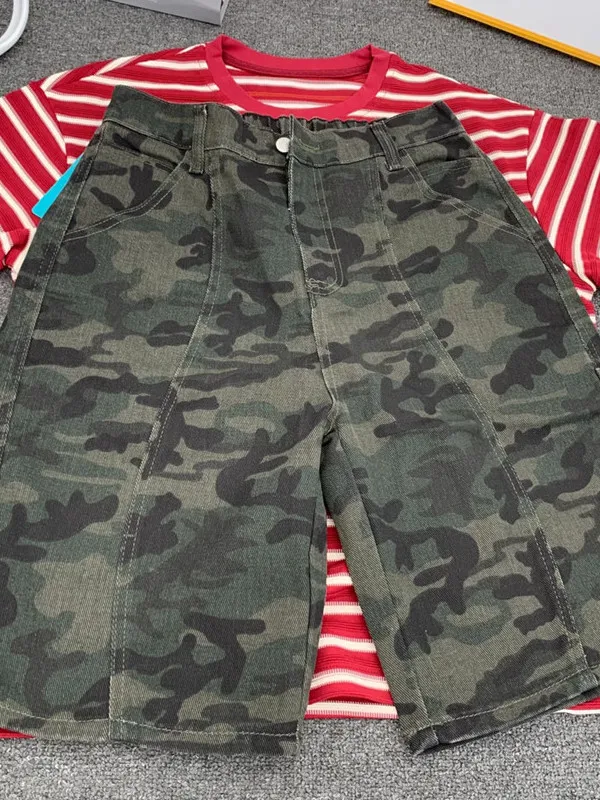 

Мужские летние тонкие прямые свободные джинсовые шорты в американском ретро-стиле с камуфляжным принтом, средней длины, модные молодежные рабочие брюки