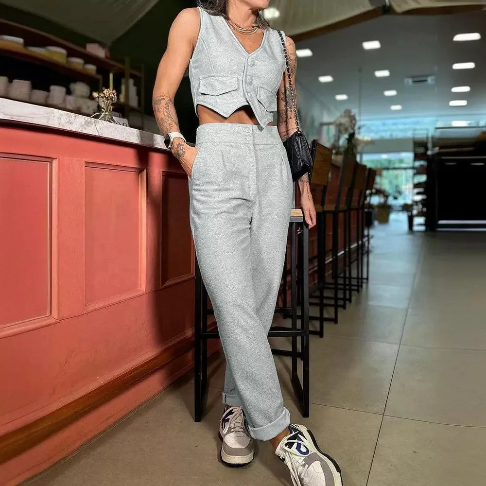 Two Piece Set Women Outfit Summer Fashion V-Neck Buttoned Sleeveless Vest Top & Casual High Waist Pocket Daily Pants Set