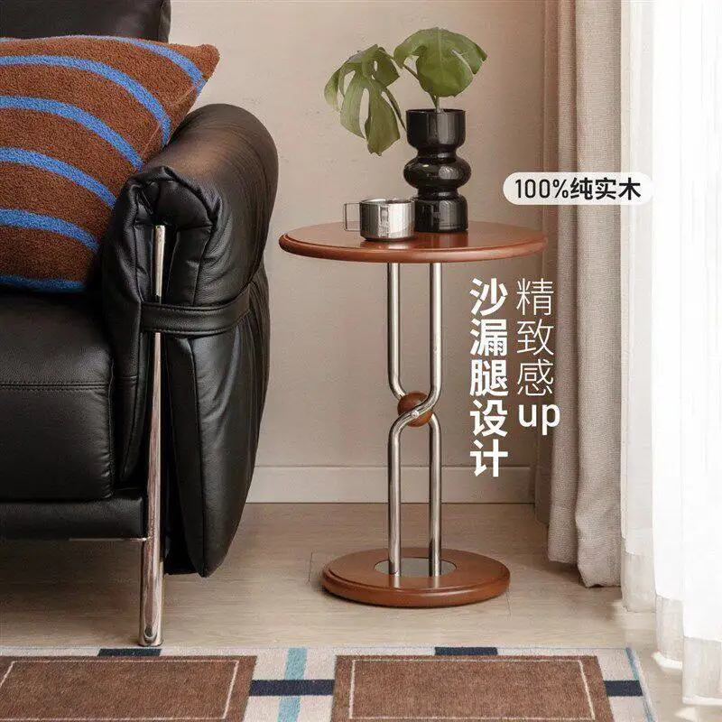 Home Furniture Solid Wood Round Side Table Hourglass Metal Leg Modern Sofa End Accent Table Mini Nightstand Snack Coffee Tables