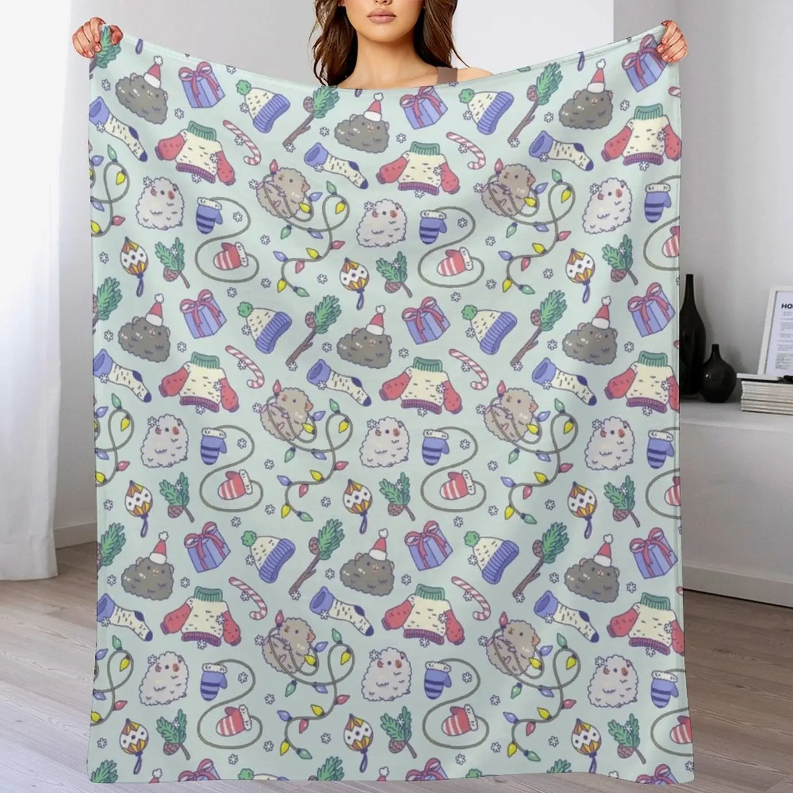 

Teddy guinea pigs Christmas Patten in Mint Green Background Throw Blanket Stylish Decor Blanket Gift for Friends Roommate