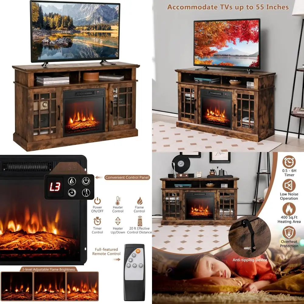 

Electric Fireplace TV Stand, Entertainment Center with Side Cabinets, Adjustable Shelves for TVs up to 55