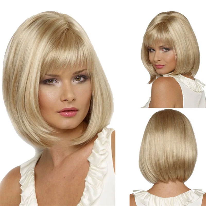 Grillige W Synthetische Korte Bob Rechte Pruiken Blonde Kleur Pruik Voor Vrouwen Natural Hittebestendige Haar