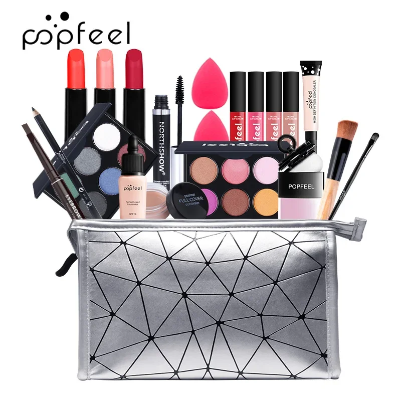 High Quality Popfeel Makeup Kit full Set Eyeshadow Eyeliner brow Powder Lip Concealer Foundation Blush Gifts for Women Cosmetics