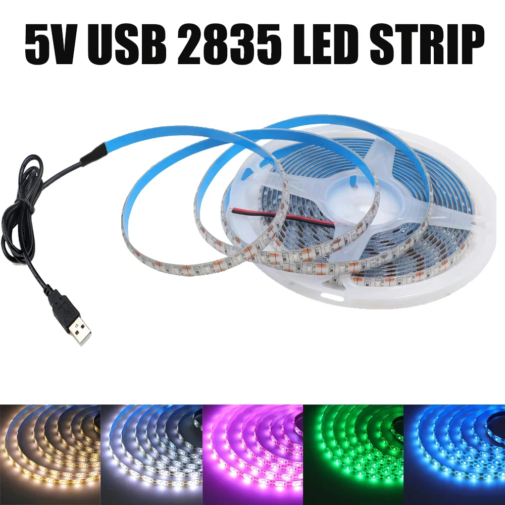 USB LED Strip Light 5V 2835 Flexible LED Tape 60LEDs Waterproof Rope Light for TV Backlight Cabinet Lamp with Adhesive Tape