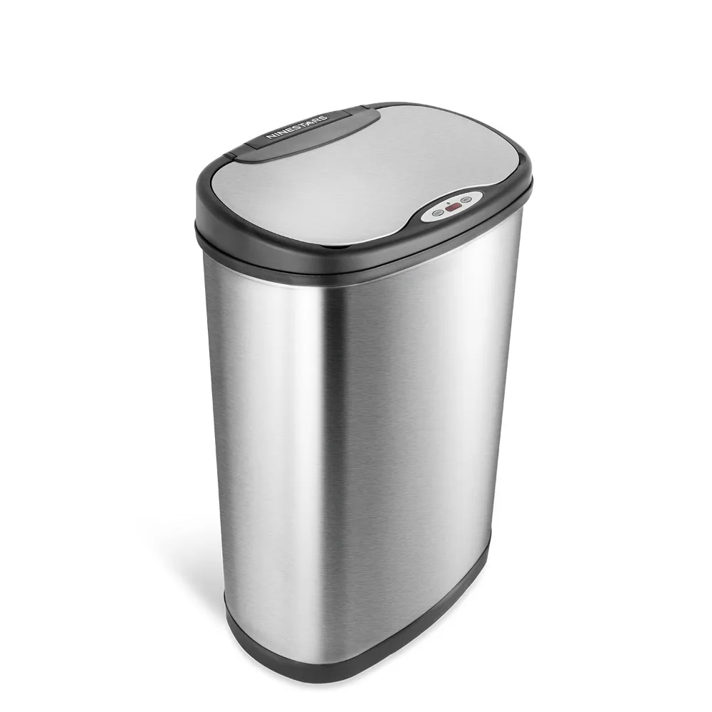 

NINESTARS DZT-50-13 Automatic Touchless Motion Sensor Oval Trash Can with Black Top, 13 gallon/50 L, Stainless Steel，Art Deco