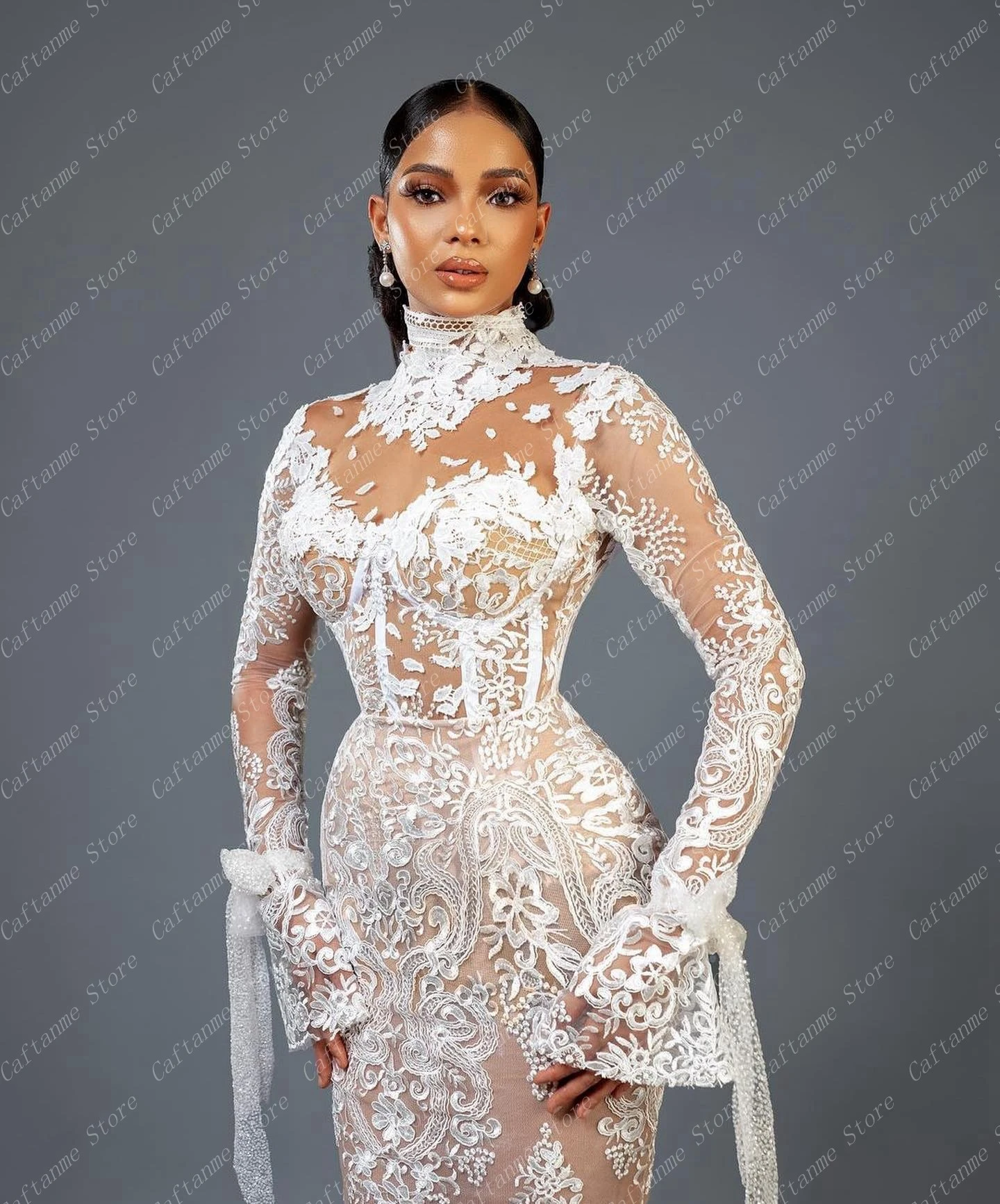 Luxury White Lace Wedding Dress Detachable Train Long Sleeves High Neck See Thru White Bridal Gowns Aso Ebi Black Girls 2024