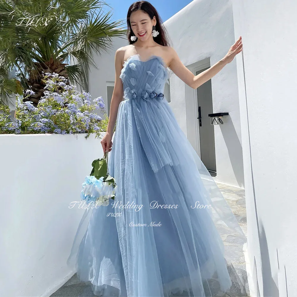 

TULX Blue Evening Party Dresses Fashion Strapless Sleeveless Korea Simple Flowers Wedding Women Formal Gowns Event Prom Gowns