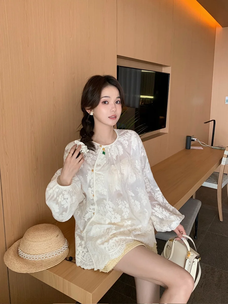 

MUKOK Heavy Industry Lace irt New Chinese Sle round Ne Long Sve Loose Fit Women's Premium Faion Spring Collection