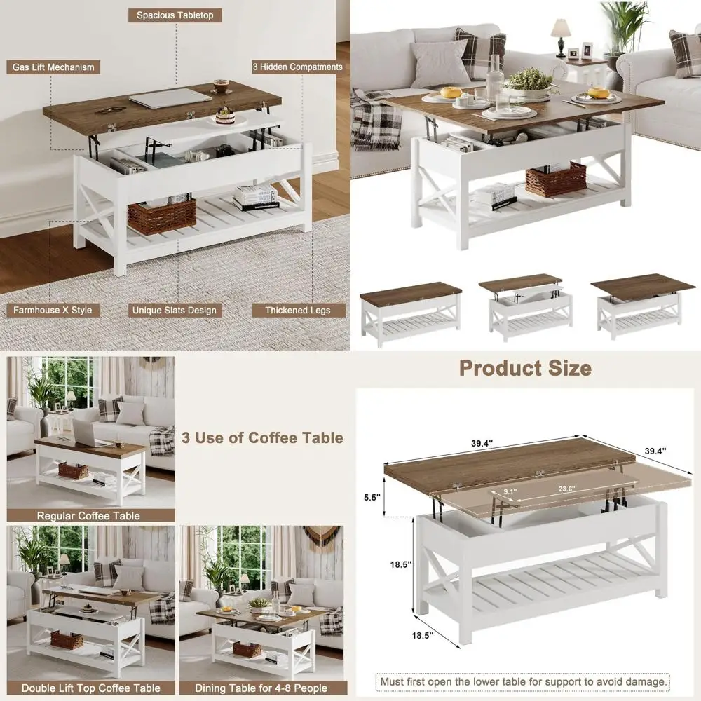 

Многофункциональный трансформируемый журнальный столик с местом для хранения, белый и коричневый, превращается в обеденный стол для гостиной