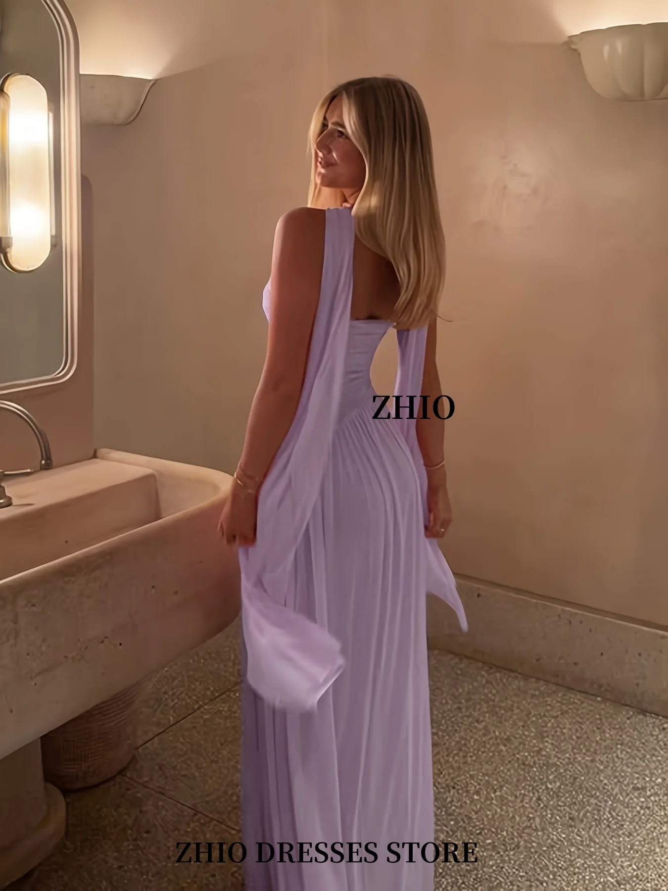 ZHIO Elegant Off-Shoulder Party Dress With Mesh Panel Twisted Tie Details Lavender Long Beach Vacation Evening Dress Customized