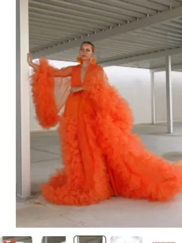 Oranje gezwollen gegolfde moederschap tule gewaden elke kleur op maat gemaakte lange mouwen grote ruches zwangerschap fotoshoot jurk met strik