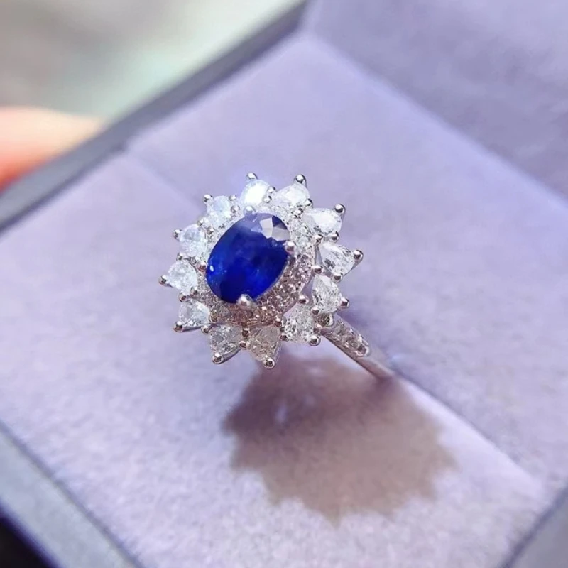 

Blue Sapphire Engagement Ring for Women 5mm*7mm 0.7ct Natural Sapphire Ring 18K Gold Plated 925 Silver Gemstone Jewelry