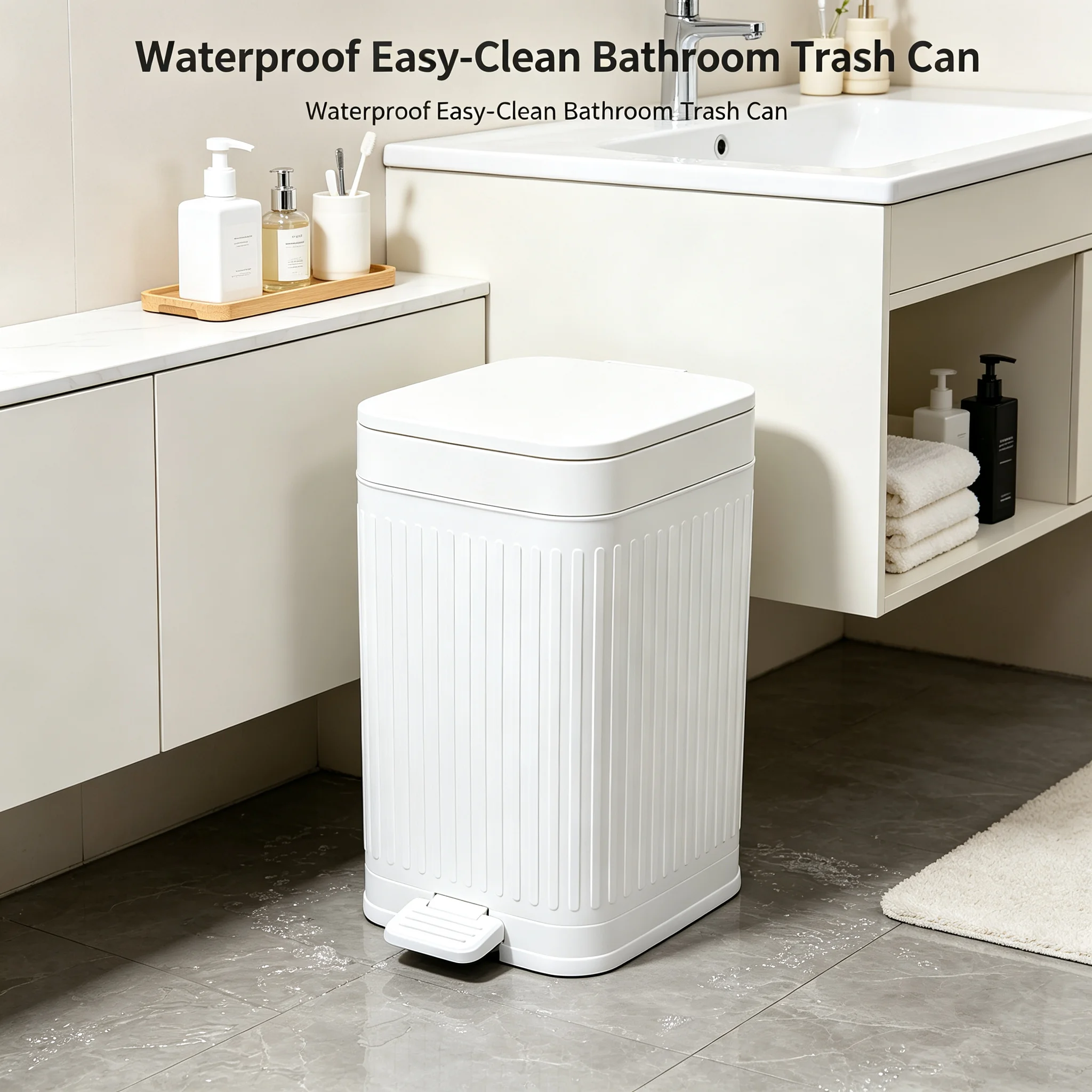 Vertical Ribbed Pedal Trash Can, Rectangular Narrow Foot‑Operated Garbage Bin with Removable Inner Bucket, Hands‑Free Waste Container for Bathroom Kitchen Apartment Home
