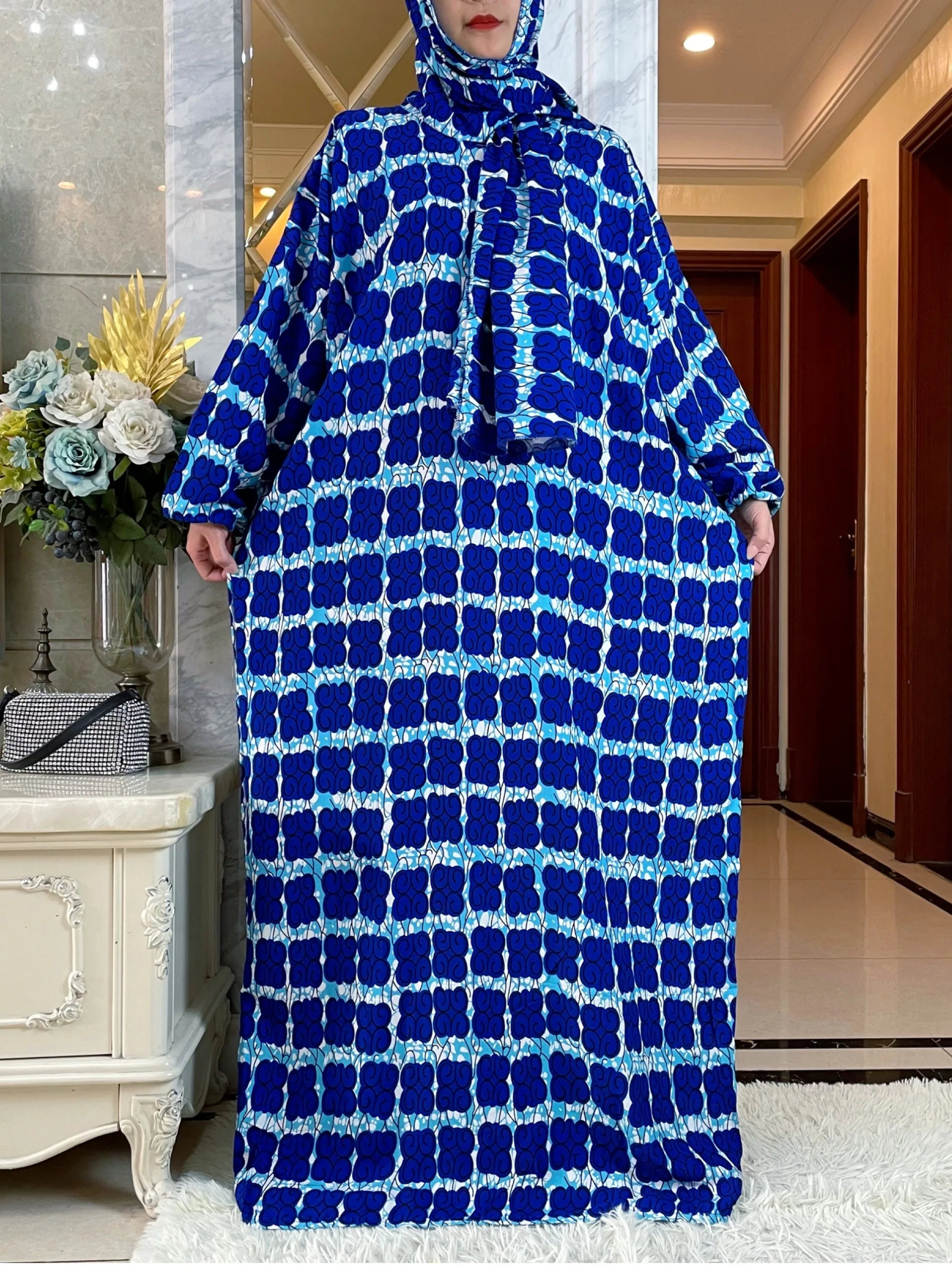 Muçulmano Ramadã Oração Algodão Abayas para Mulheres, Robe Feminino do Oriente Médio, Vestido Floral Africano Solto, Turbante Anexado, Dubai