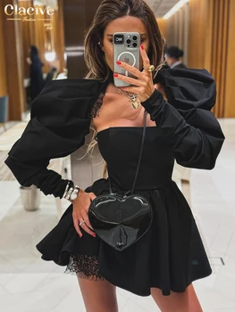 Clacive Sexy Slanke Zwarte Vrouwen Jurk 2024 Bodycon Stand Kraag Lange Mouw Mini Jurken Elegante Kant Gesplitst Vrouwelijke Jurk