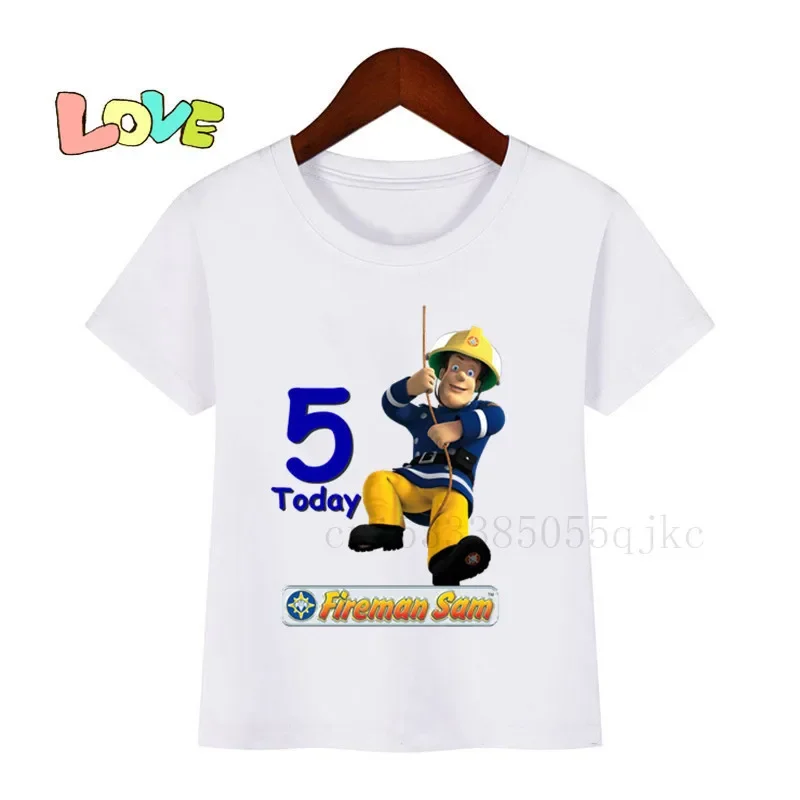 Kids Fireman Sam Birthday Number 1~10 Cartoon Print Children Clothes T-shirts Boy&Girl Funny Gift Tshirt Baby