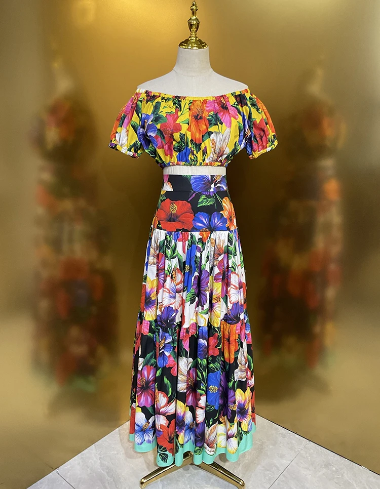 Seifrmann Casual printed cotton two-piece round neck short-sleeved top high waist skirt suit 2026 summer new women's clothing