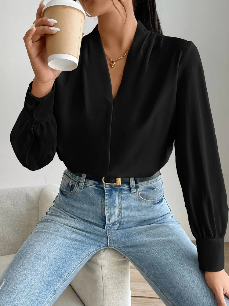 Sexy decote em v manga longa blusas e camisas senhora do escritório outono inverno moda elegante blusa para mulher 2024 feminino preto topos