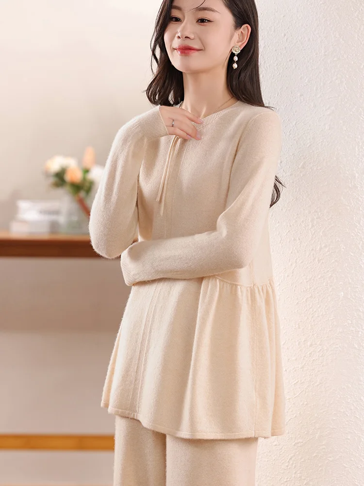 Women's Knitted Sweater, 100% Wool, Round Neck, Elegant, Buttoned, Loose, Chinese Style, Top, Pullover, Autumn/Winter 2024