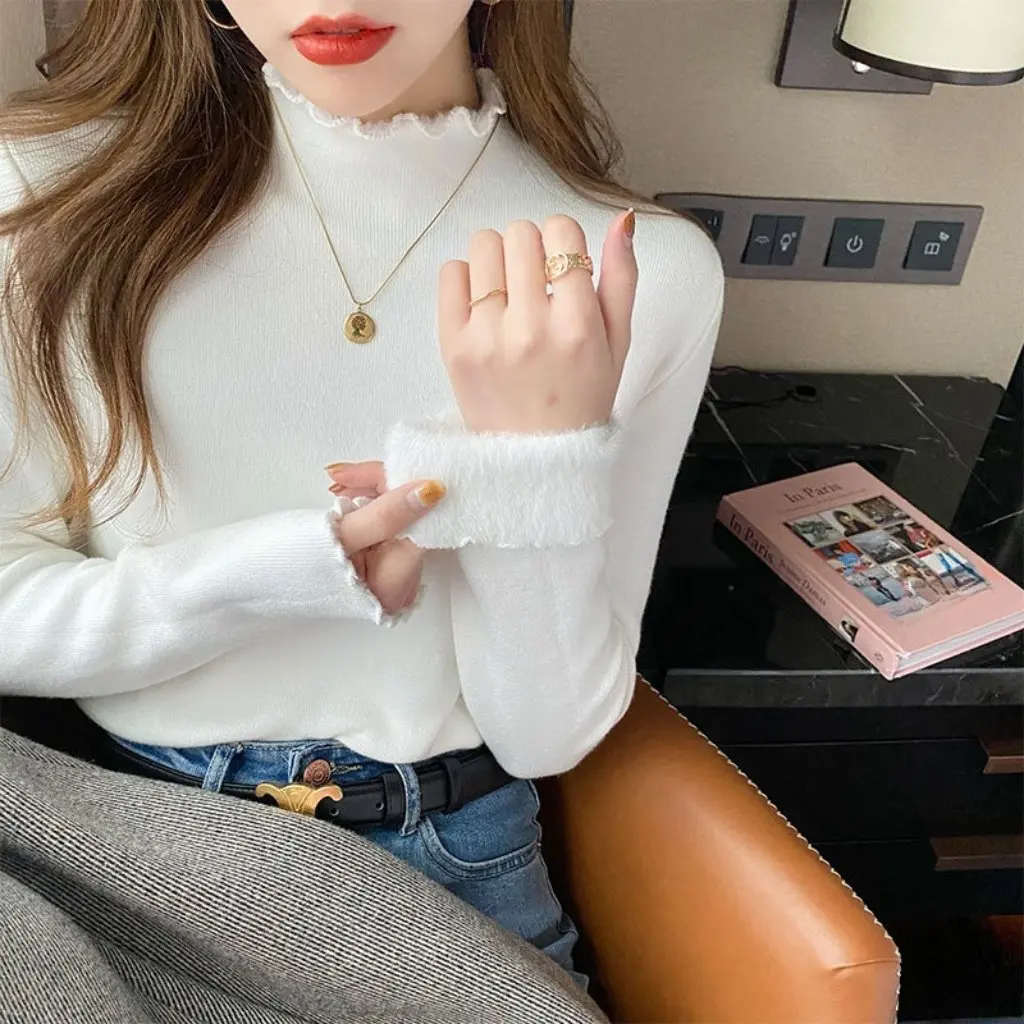 

Women's Fleece-Lined Sweater Thickened Half-High Collar Base Layer Knit Top Ruffled Edge Autumn Winter Integrated