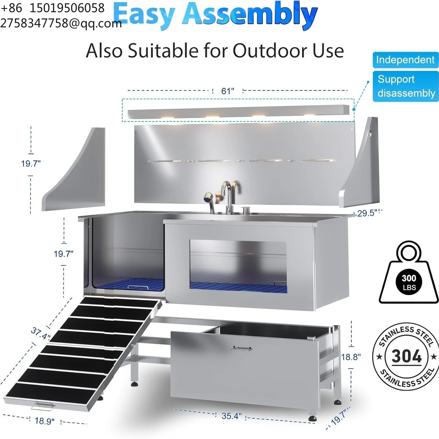 Commercial Eco-Friendly Pet Bathing Pool with Stainless Steel Dog Washing Ramp Bathtub for Small & Large Dogs for Pet Shops