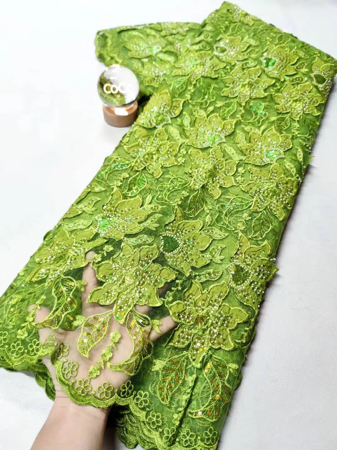 5 Yards African Mesh Lace Sequin Fabric,Fabrics By The Meter,For Sewing,Clothes,Green,Tulle,Wedding Dresses,Embroidery,Crafts