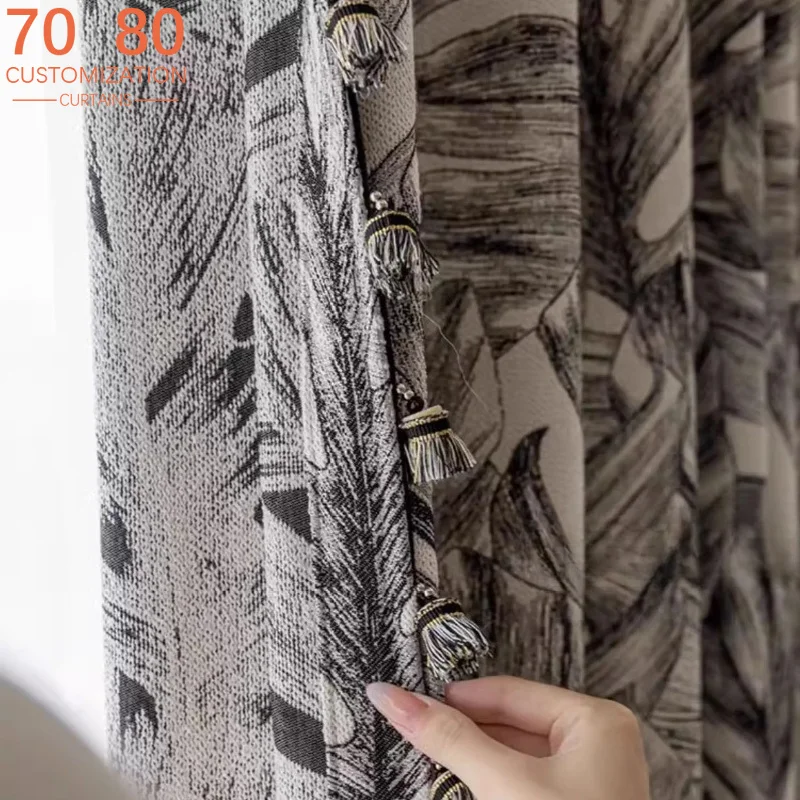 Black and White Leaves Jacquard Thickened Chenille Blackout Curtains for Living Room Bedroom French Window Balcony Customized