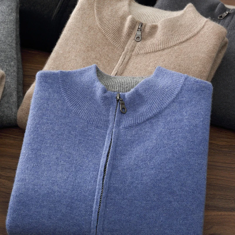 Men's Mock Neck zipper cardigan 100% cashmere sweater autumn winter business casual jacket solid color long sleeved clothing
