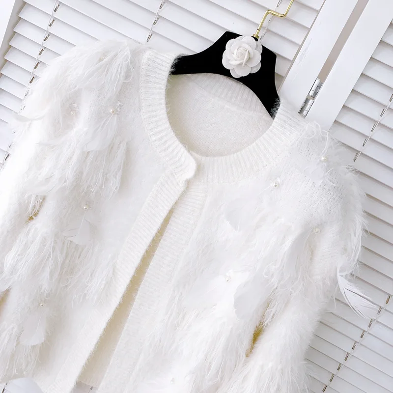 Artificial Mink Hair Tassel Pearl Feather Cardigan Coat Women\'s Knitted Autumn and Winter New All-Matching Slimming Sweater