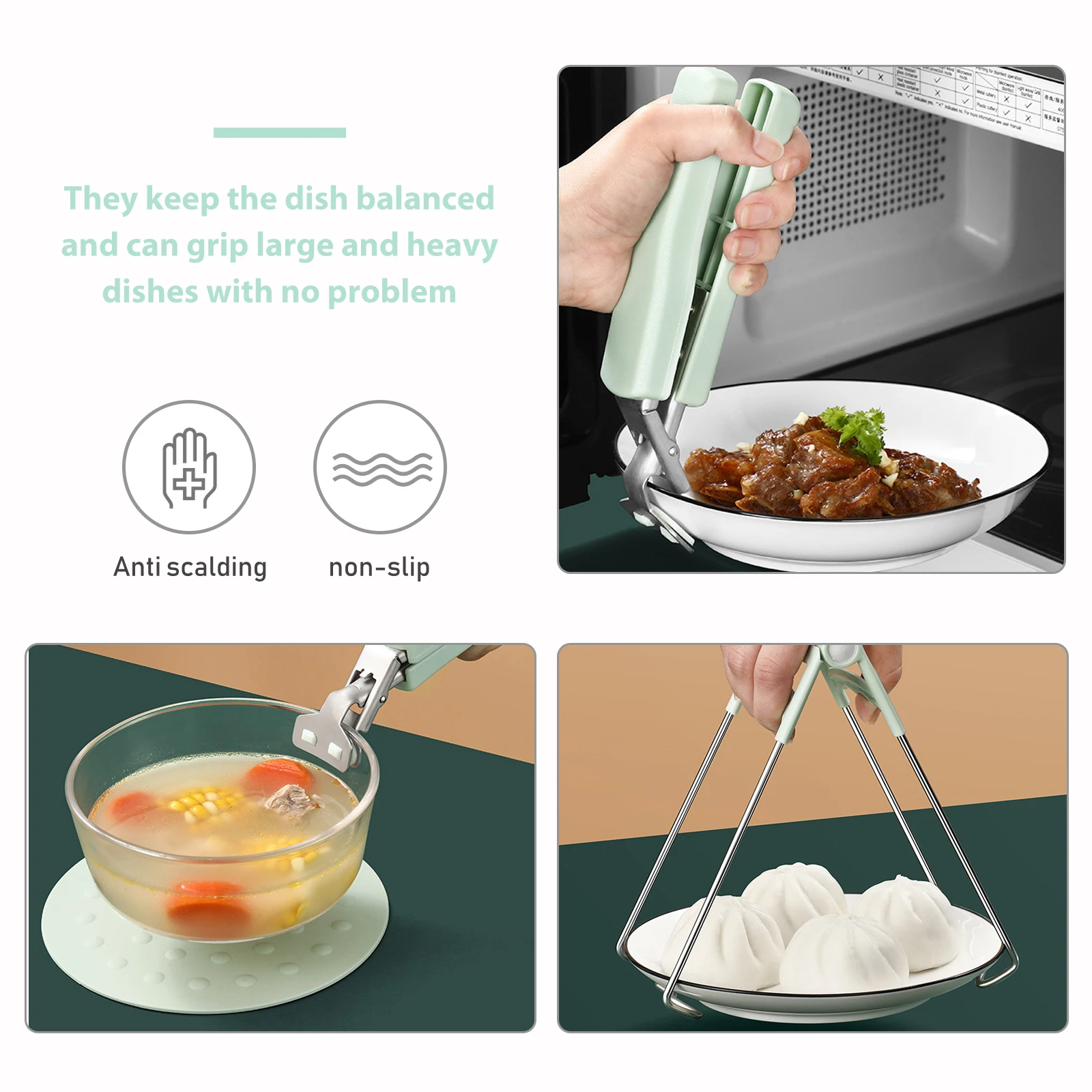 

3pcs Bowl Gripper Set Stainless Steel Silicone Kitchen Tool Heat Resistant Dish Tongs Anti Scalding Plate Clip for Home
