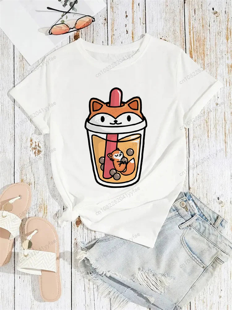 버블 티 하라주쿠 카와이 티셔츠 여성 재미있는 만화 티셔츠 귀여운 애니메이션 탑 걸스 티 여성