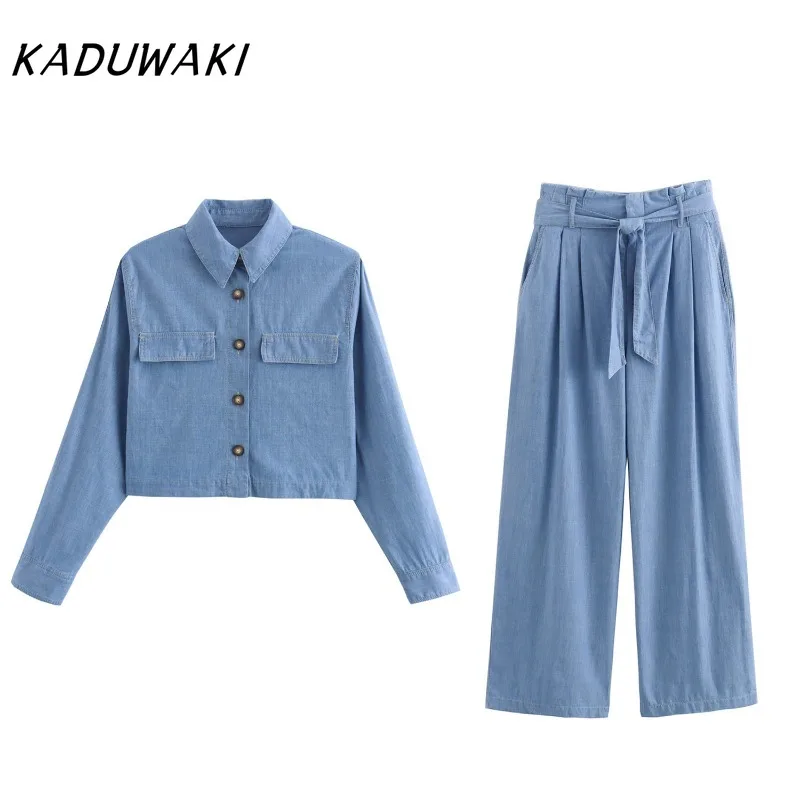 

KADUWAKI Japanese Classic Round Neck Long Sleeve Bag Cover Decorated Short Shirt Fashion Loose Straight Pants with Belt Fall Set