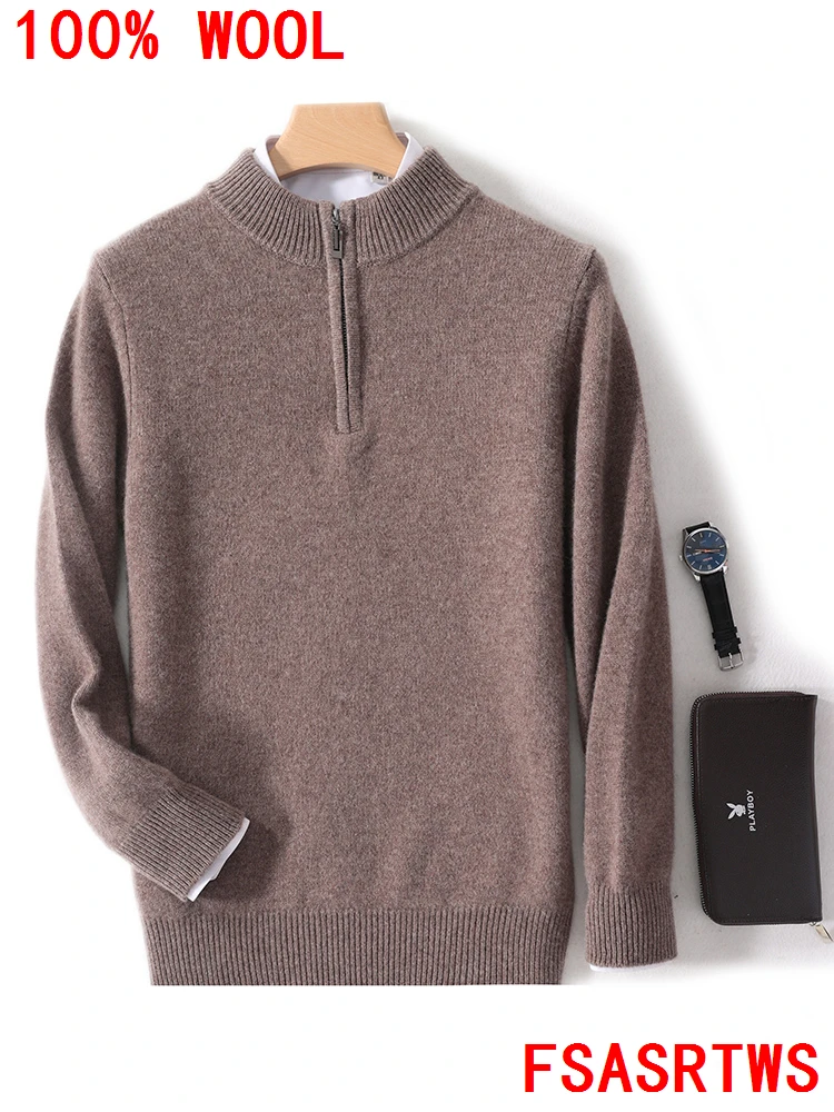 เสื้อสเวตเตอร์แคชเมียร์ผู้ชายคอเต่าครึ่งตัว ซิปหน้า ผ้าขนแกะเมอริโนแท้ 100% คุณภาพสูง สำหรับฤดูใบไม้ร่วงและฤดูหนาว สไตล์ลำลอง ไซส์ใหญ่พิเศษ