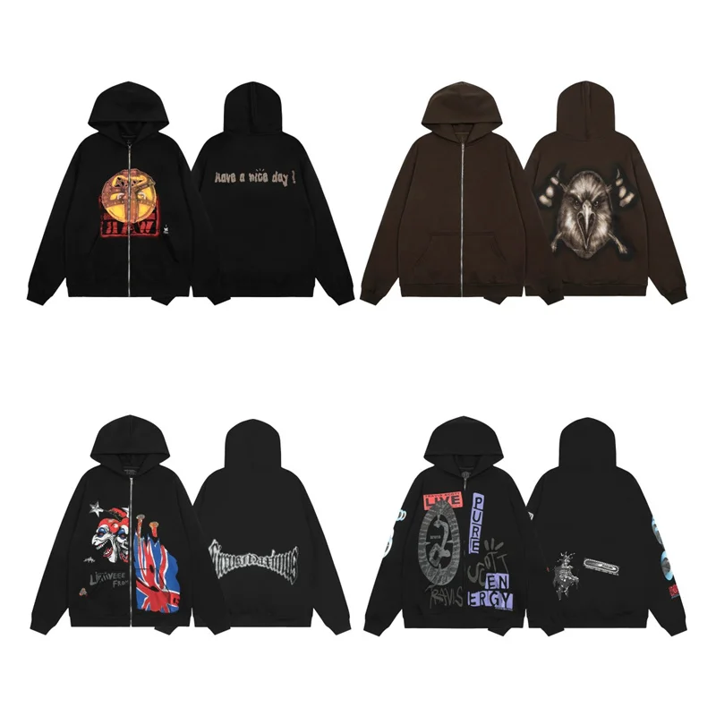 

Retro Print High Street Casual Hip Hop Fce Lined Hooded Open Cardigan Jaet for Men And Women Streetwear Sweatirt