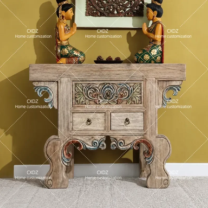 Solid Wood Carved Buddhist Cabinet New Chinese Style Standing Altar Table Incense Burner Stand Entryway Storage Furniture