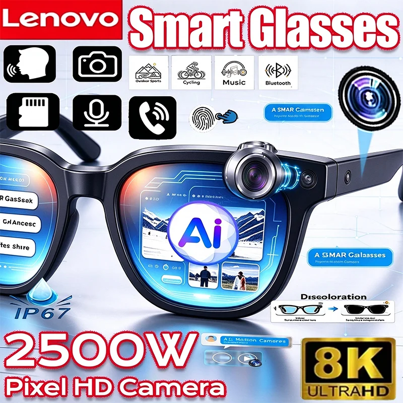 Lenovo 1600W HD Camera Upgrade 8K Shooting Smart AI Motorcycle Glasses Photo Video Voice Call Translation Bluetooth AI