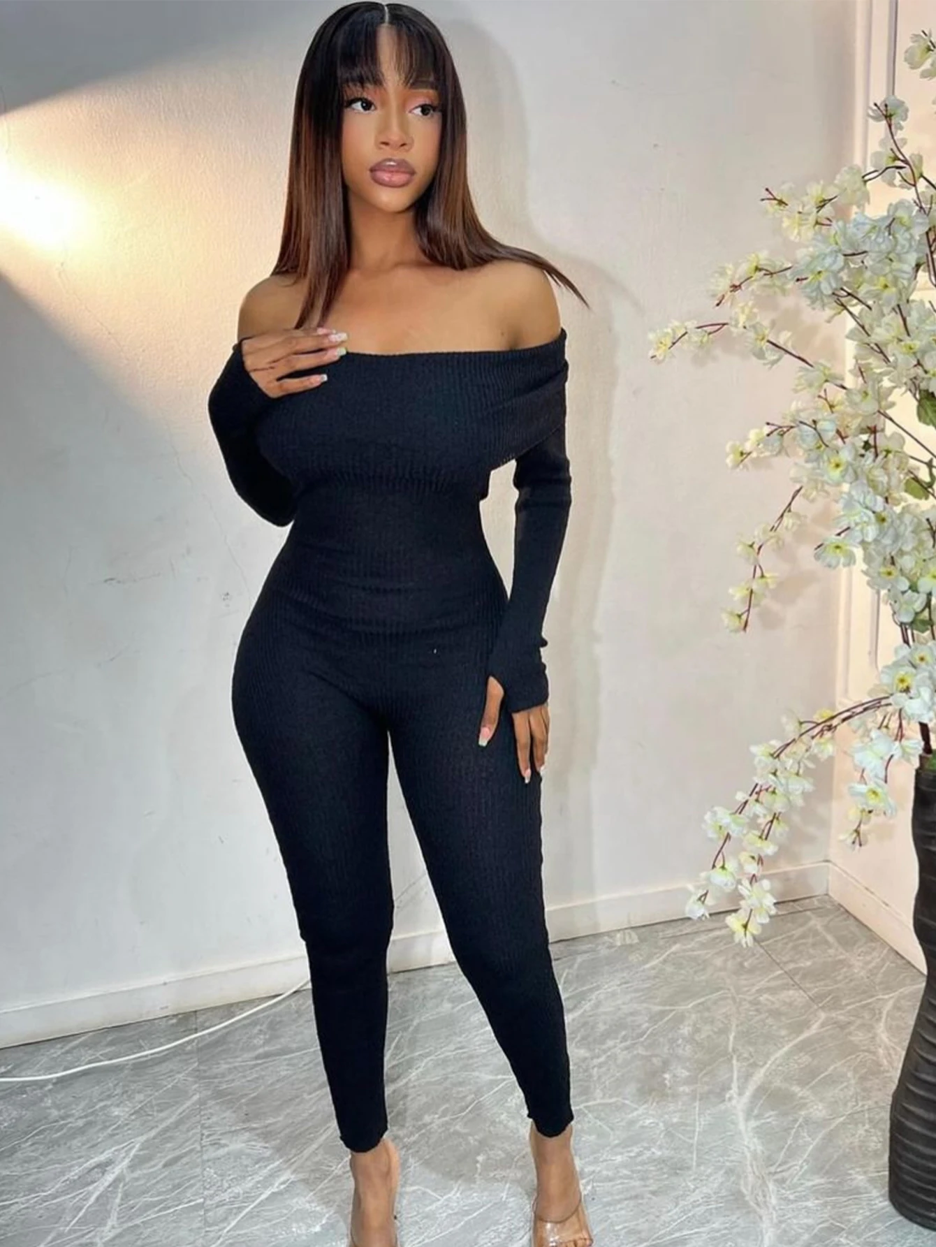 Women's Off-Shoulder Ribbed Knit Jumpsuit, Sexy Tight-Fitting Plain Romper, Fashionable Comfortable Autumn Casual Wear