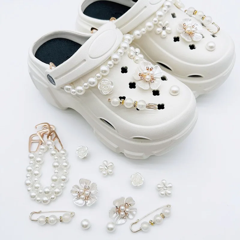 12PCS Shoe Charm DIY Vintage Pearl Metal Five-leaf Flower Shoe Decoration Buckle for Hole Shoes Accessories Party Girls Gift