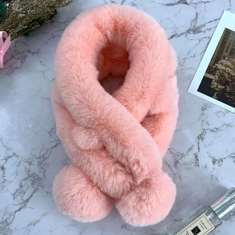 Scarf Female Autumn and Winter New Fur Rabbit Fur Plush Thick Warm Scarf Solid Color Fur Ball Cross Student Children