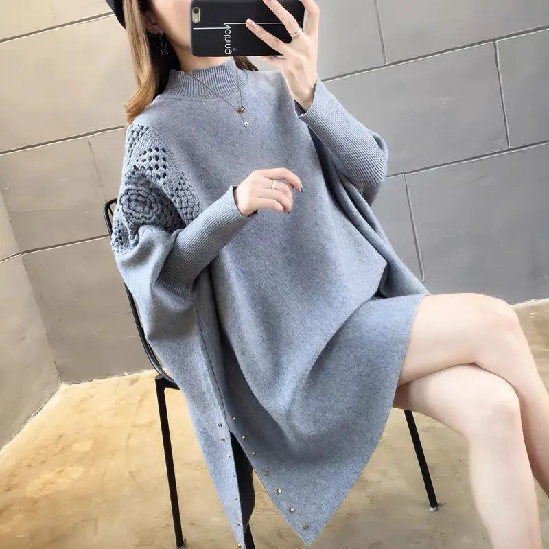 Mid length Bat Shirt Half High Neck Sweater Knitted sweater Autumn/Winter New Loose Oversized Cape Coat