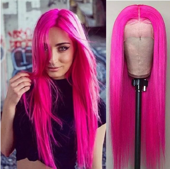 

Ярко-розовые парики спереди, синтетические волосы, длинный прямой парик, термобезопасные парики для вечеринок