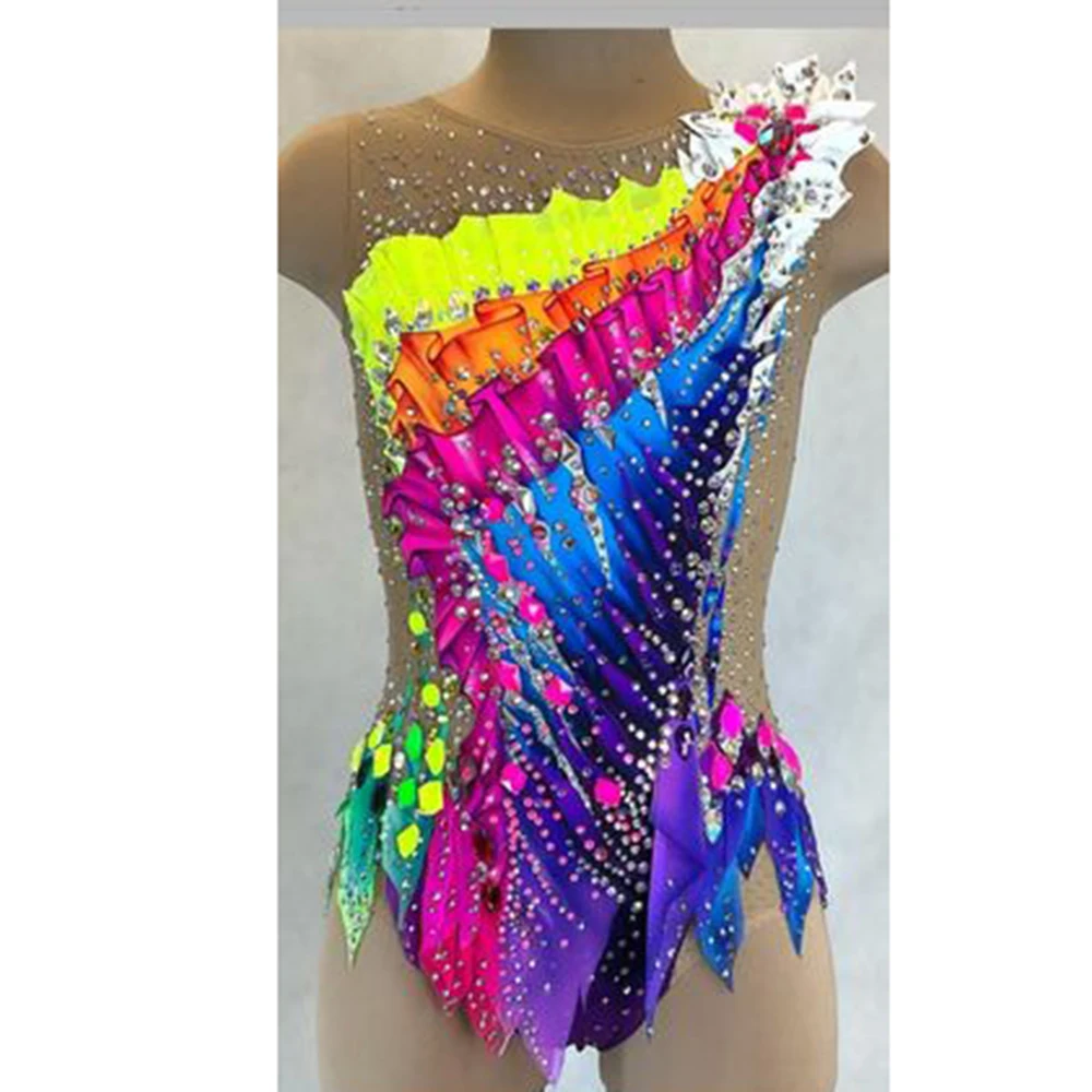 Rhythmic Gymnastics Leotards Colorful Stitching Diamond Round Neck Sleeveless Girls Competition Performance