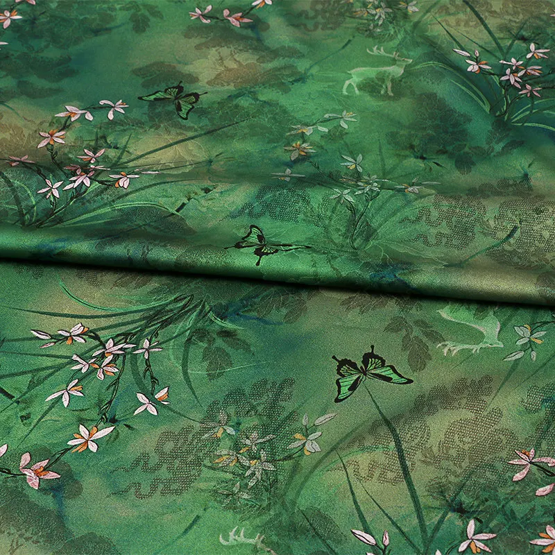 Green Silk Lightweight Breathable Acetate Large Peony Jacquard Fabric Spring Summer Dresses Cheongsam Sewing Accessories