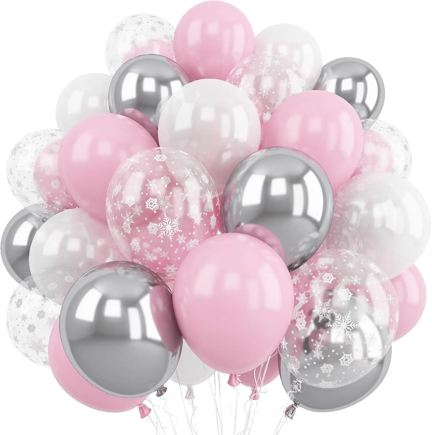 60Pcs Pink White Silver Balloons Set with Snowflake Balloon for Winter Wonderland Birthday Party Christmas Theme Decoration