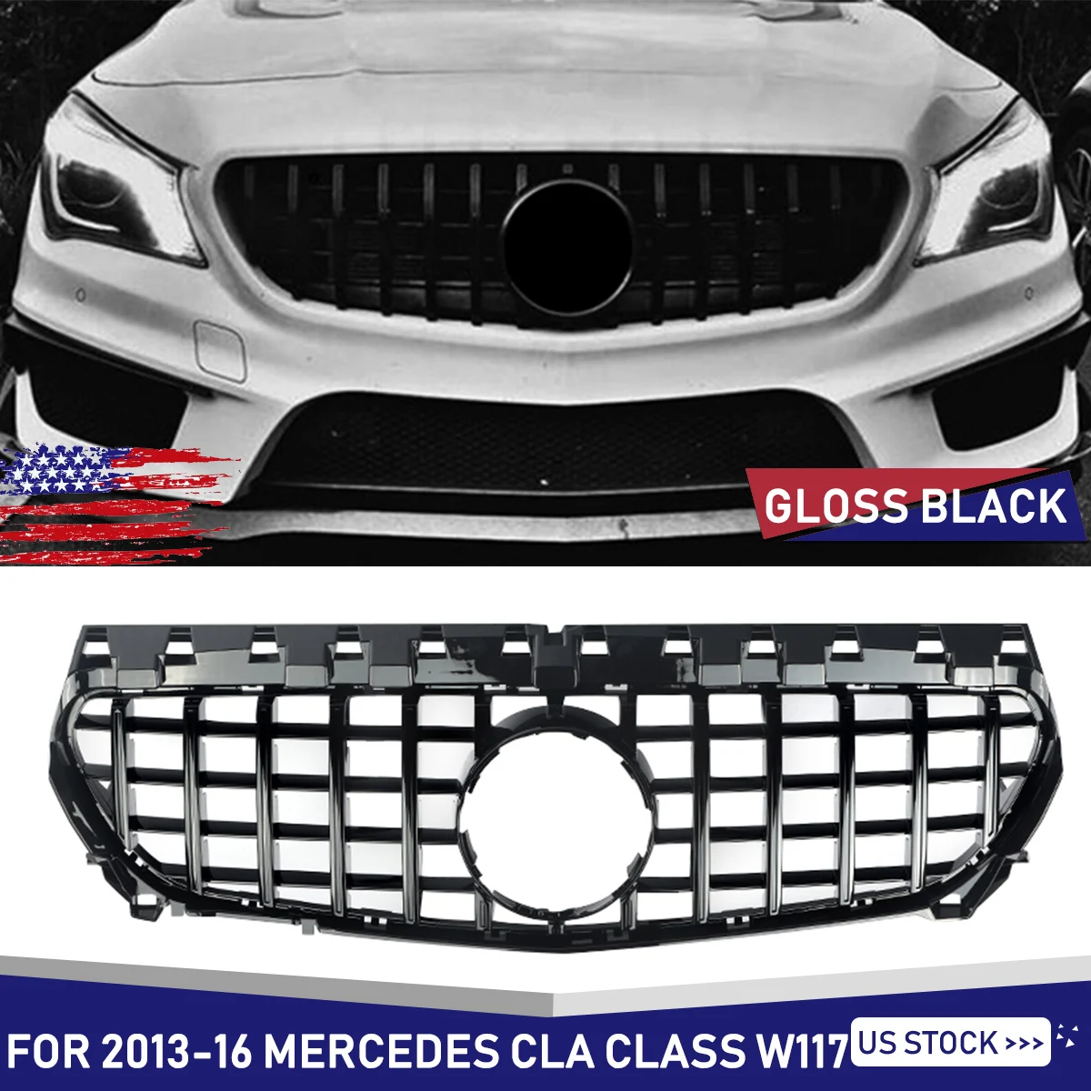 

SAIQINGSP for Mercedes Benz GLA Class W117 CLA200 CLA250 CLA180 2013-2018 GT R Style Front Grill Centre Grille Gloss Black