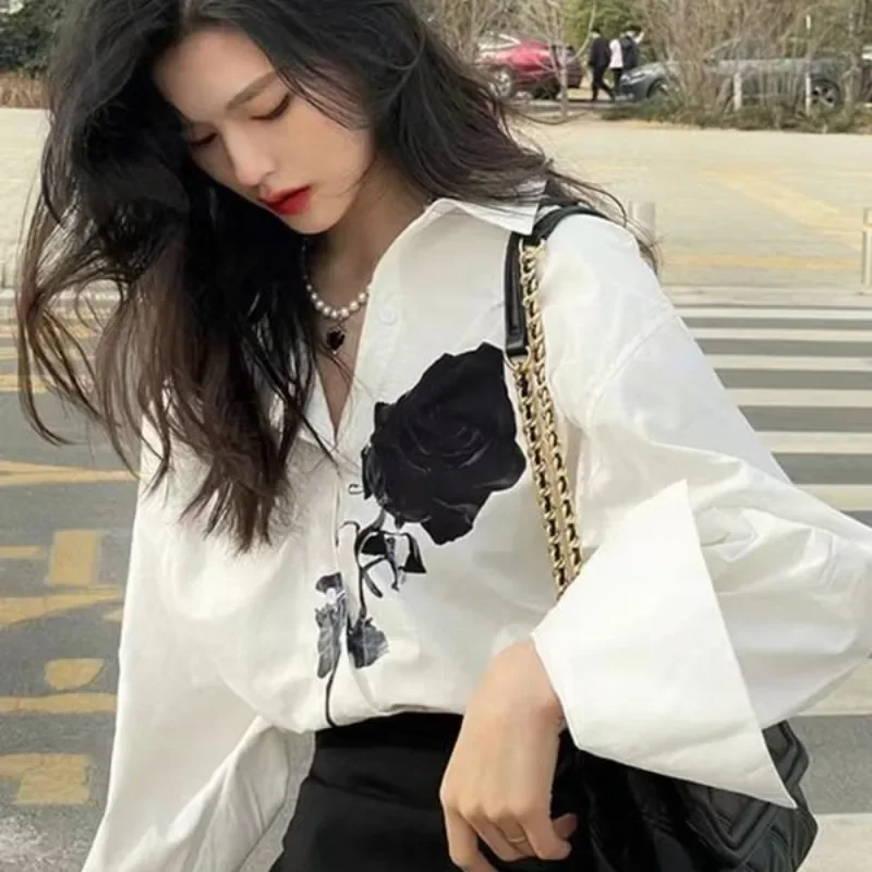 DAYIFUN Lady Black Rose Embroidered Shirt Summer/Autumn Long Sleeve White Solid Color Lapel Blouses Women's Temperament Clothing image 3